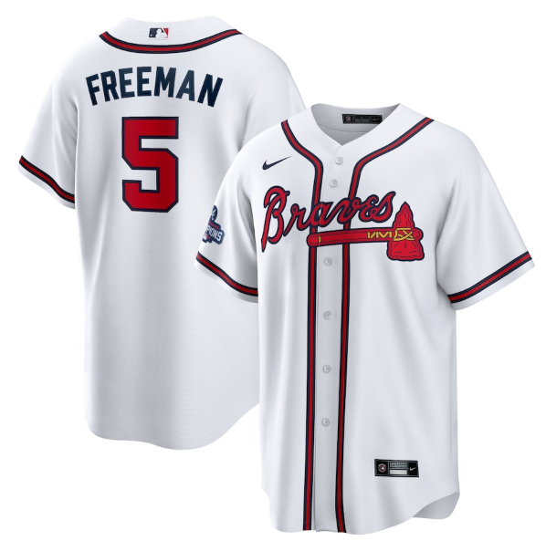 Men's Atlanta Braves #5 Freddie Freeman 2021 White World Series Champions Cool Base Stitched Jersey Men's Atlanta Braves #5 Freddie Freeman 2021 White World Series Champions Cool Base Stitched Jersey